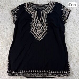 Lucky Brand Black Embroidered Boho Indie Festival Top Short Sleeve V Neck Medium